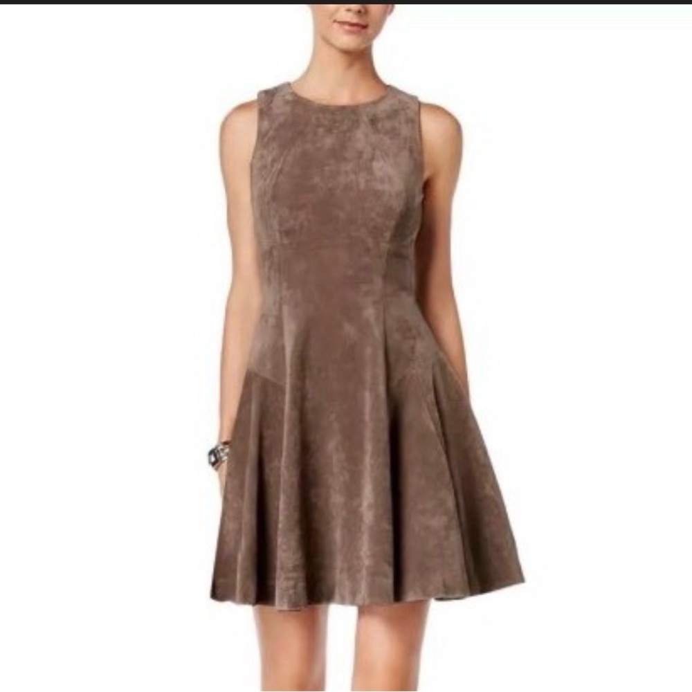 Ivanka Trump Faux Suede Taupe Brown Sleeveless Fit & Flare Dress